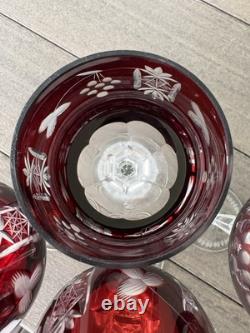 4 Ruby Red Cut To Clear Crystal Hortensia Wine Hock Glasses Poland 8.5 H