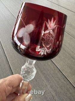 4 Ruby Red Cut To Clear Crystal Hortensia Wine Hock Glasses Poland 8.5 H