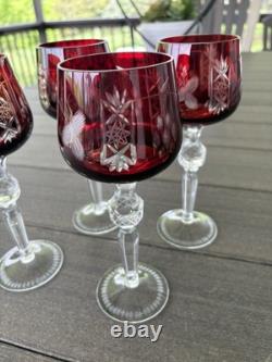 4 Ruby Red Cut To Clear Crystal Hortensia Wine Hock Glasses Poland 8.5 H