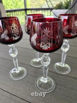 4 Ruby Red Cut To Clear Crystal Hortensia Wine Hock Glasses Poland 8.5 H