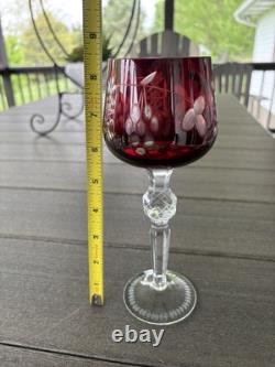 4 Ruby Red Cut To Clear Crystal Hortensia Wine Hock Glasses Poland 8.5 H