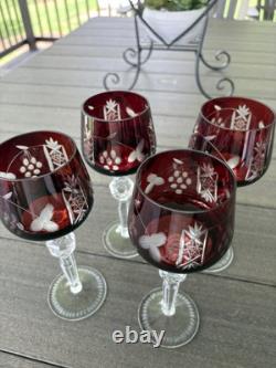 4 Ruby Red Cut To Clear Crystal Hortensia Wine Hock Glasses Poland 8.5 H