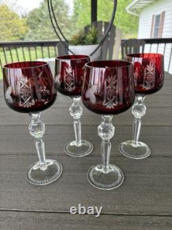 4 Ruby Red Cut To Clear Crystal Hortensia Wine Hock Glasses Poland 8.5 H