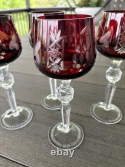 4 Ruby Red Cut To Clear Crystal Hortensia Wine Hock Glasses Poland 8.5 H