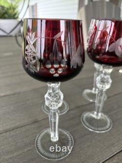 4 Ruby Red Cut To Clear Crystal Hortensia Wine Hock Glasses Poland 8.5 H