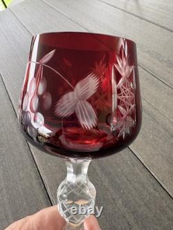 4 Ruby Red Cut To Clear Crystal Hortensia Wine Hock Glasses Poland 8.5 H