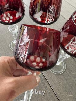 4 Ruby Red Cut To Clear Crystal Hortensia Wine Hock Glasses Poland 8.5 H