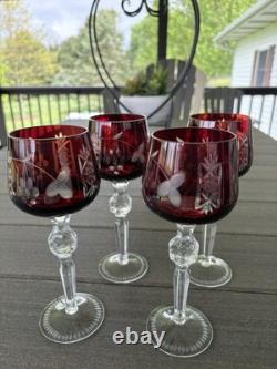 4 Ruby Red Cut To Clear Crystal Hortensia Wine Hock Glasses Poland 8.5 H