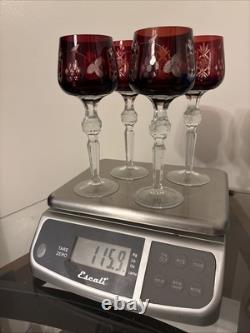 4 Ruby Red Cut To Clear Crystal Hortensia Wine Hock Glasses Poland 8.5 H