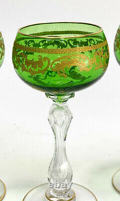 4 Saint (St) Louis France Green Crystal Glass and Gilt Wine Goblets In Beethoven