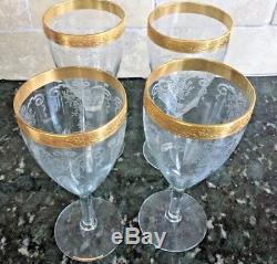 4 Tiffin Franciscan MELROSE GOLD Wine Glasses Etched Crystal Gold Trim Vintage