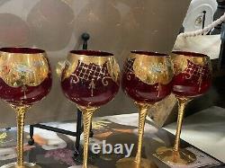 4 Venetian Murano Glass Ruby Red Wine Water Goblet 24K Gold Hand Made Italy