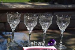 4 Vintage Etched CRYSTAL Wine Glasses Water Goblets, Rock Sharpe, 1940's
