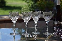 4 Vintage Etched CRYSTAL Wine Glasses Water Goblets, Rock Sharpe, 1940's