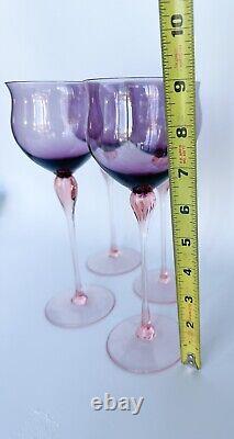 (4) Vintage Murano Crystal Amethyst Wine Glasses Pink Ice Stems