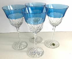 4 WATERFORD GLENDORA Blue Azure Azzurro CASED CUT TO CLEAR CRYSTAL WINE GOBLETS