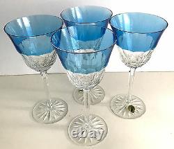 4 WATERFORD GLENDORA Blue Azure Azzurro CASED CUT TO CLEAR CRYSTAL WINE GOBLETS