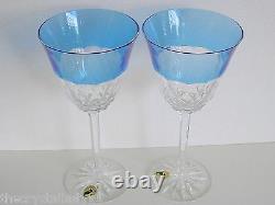 4 WATERFORD GLENDORA Blue Azure Azzurro CASED CUT TO CLEAR CRYSTAL WINE GOBLETS