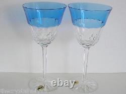 4 WATERFORD GLENDORA Blue Azure Azzurro CASED CUT TO CLEAR CRYSTAL WINE GOBLETS