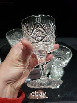 (4) Wine Glasses Goblets, American Brilliant Period Cut Glass Crystal Monogram D