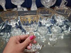 4 Wine goblets glasses, Gold gilt etching c. 1900 Antique Crystal probably France