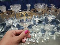 4 Wine goblets glasses, Gold gilt etching c. 1900 Antique Crystal probably France