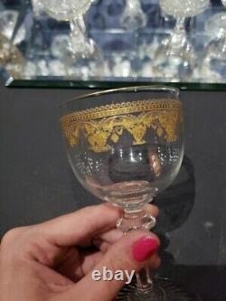 4 Wine goblets glasses, Gold gilt etching c. 1900 Antique Crystal probably France