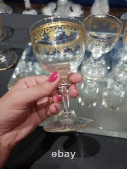 4 Wine goblets glasses, Gold gilt etching c. 1900 Antique Crystal probably France