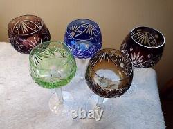 5 Bohemian Cut to Clear Crystal Wine Hock Glasses 7 3/8 Hocks