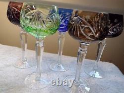 5 Bohemian Cut to Clear Crystal Wine Hock Glasses 7 3/8 Hocks