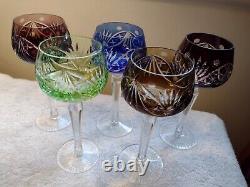 5 Bohemian Cut to Clear Crystal Wine Hock Glasses 7 3/8 Hocks