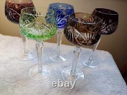 5 Bohemian Cut to Clear Crystal Wine Hock Glasses 7 3/8 Hocks