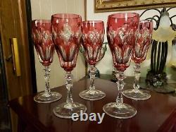 (5) Champagne wine flutes Glasses 8 goblets crystal Cranberry Red cut to clear