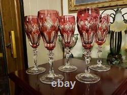 (5) Champagne wine flutes Glasses 8 goblets crystal Cranberry Red cut to clear