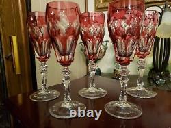 (5) Champagne wine flutes Glasses 8 goblets crystal Cranberry Red cut to clear