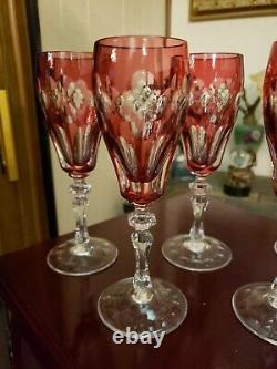 (5) Champagne wine flutes Glasses 8 goblets crystal Cranberry Red cut to clear