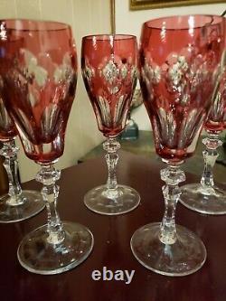 (5) Champagne wine flutes Glasses 8 goblets crystal Cranberry Red cut to clear