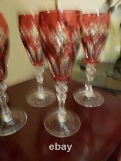 (5) Champagne wine flutes Glasses 8 goblets crystal Cranberry Red cut to clear