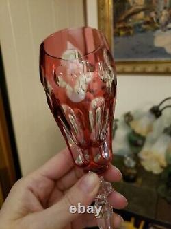 (5) Champagne wine flutes Glasses 8 goblets crystal Cranberry Red cut to clear