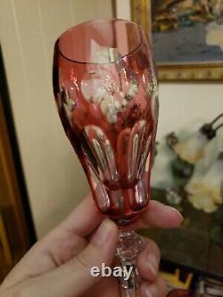 (5) Champagne wine flutes Glasses 8 goblets crystal Cranberry Red cut to clear