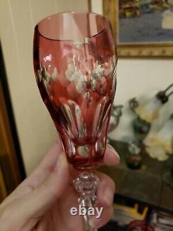 (5) Champagne wine flutes Glasses 8 goblets crystal Cranberry Red cut to clear