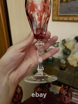 (5) Champagne wine flutes Glasses 8 goblets crystal Cranberry Red cut to clear