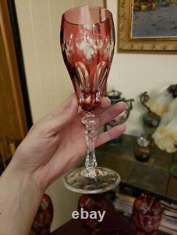 (5) Champagne wine flutes Glasses 8 goblets crystal Cranberry Red cut to clear