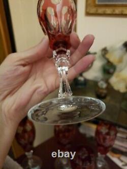 (5) Champagne wine flutes Glasses 8 goblets crystal Cranberry Red cut to clear