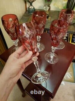 (5) Champagne wine flutes Glasses 8 goblets crystal Cranberry Red cut to clear