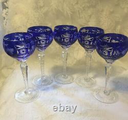 5 Cobalt Blue Nachtman Traube 6 7/8 Wine Glasses Cut To Clear EUC