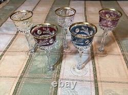 5 Gorgeous Bohemian Cut to Clear Crystal Gold Rimmed Wine Glasses