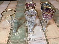 5 Gorgeous Bohemian Cut to Clear Crystal Gold Rimmed Wine Glasses