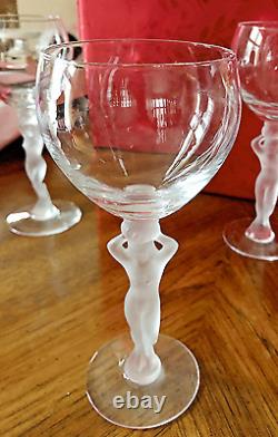 5 NUDE STEM Crystal Wine Glasses Bayel French, Frosted Stem, Art Deco 6-5/8