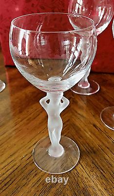 5 NUDE STEM Crystal Wine Glasses Bayel French, Frosted Stem, Art Deco 6-5/8